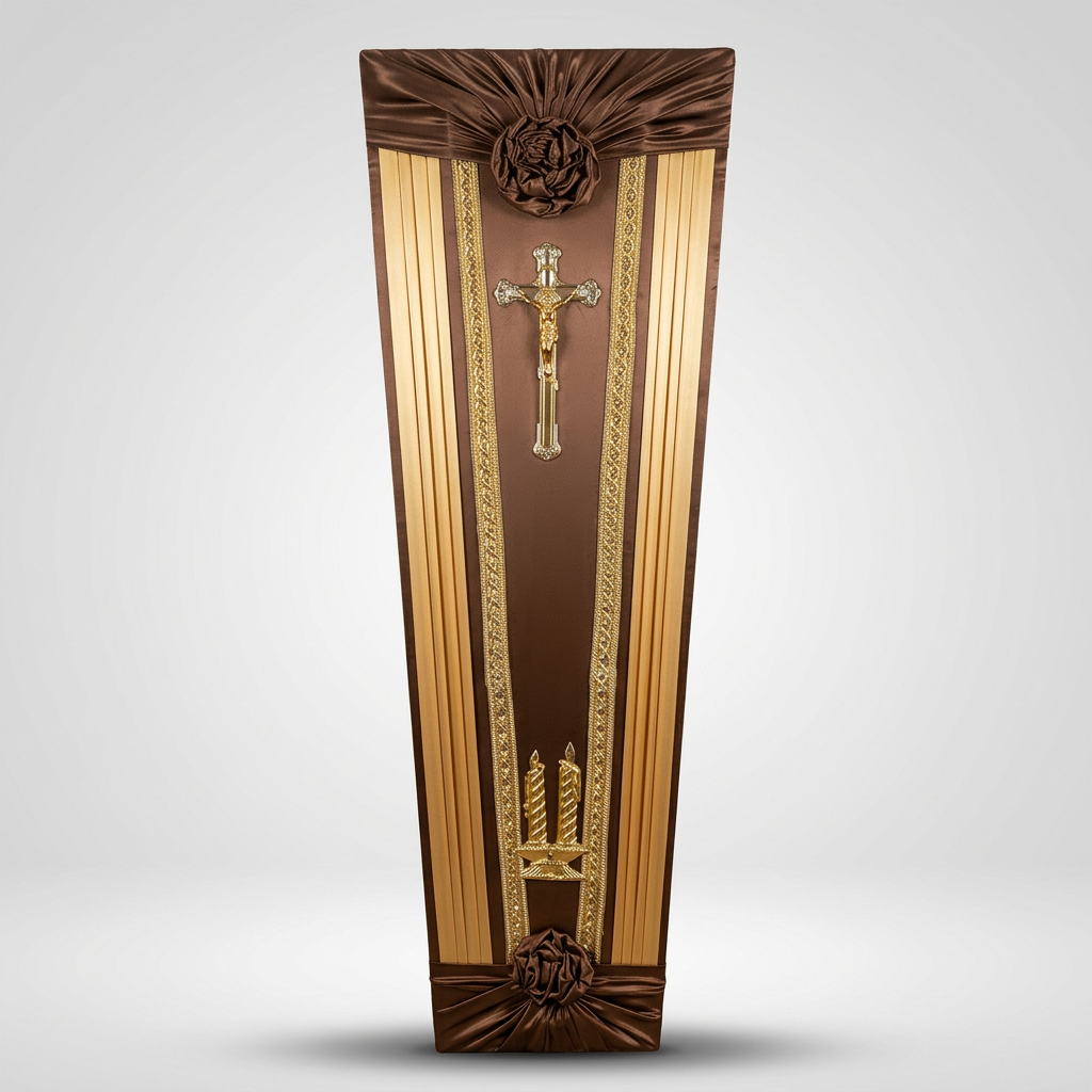 Sicriu funerar maro cu ornamente aurii — Model ceremonial clasic