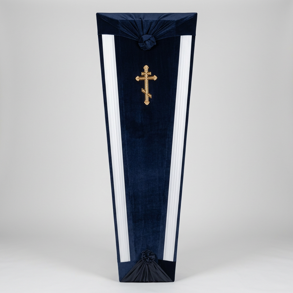 Sicriu funerar bleumarin cu cruce aurie — Model sobru ceremonial