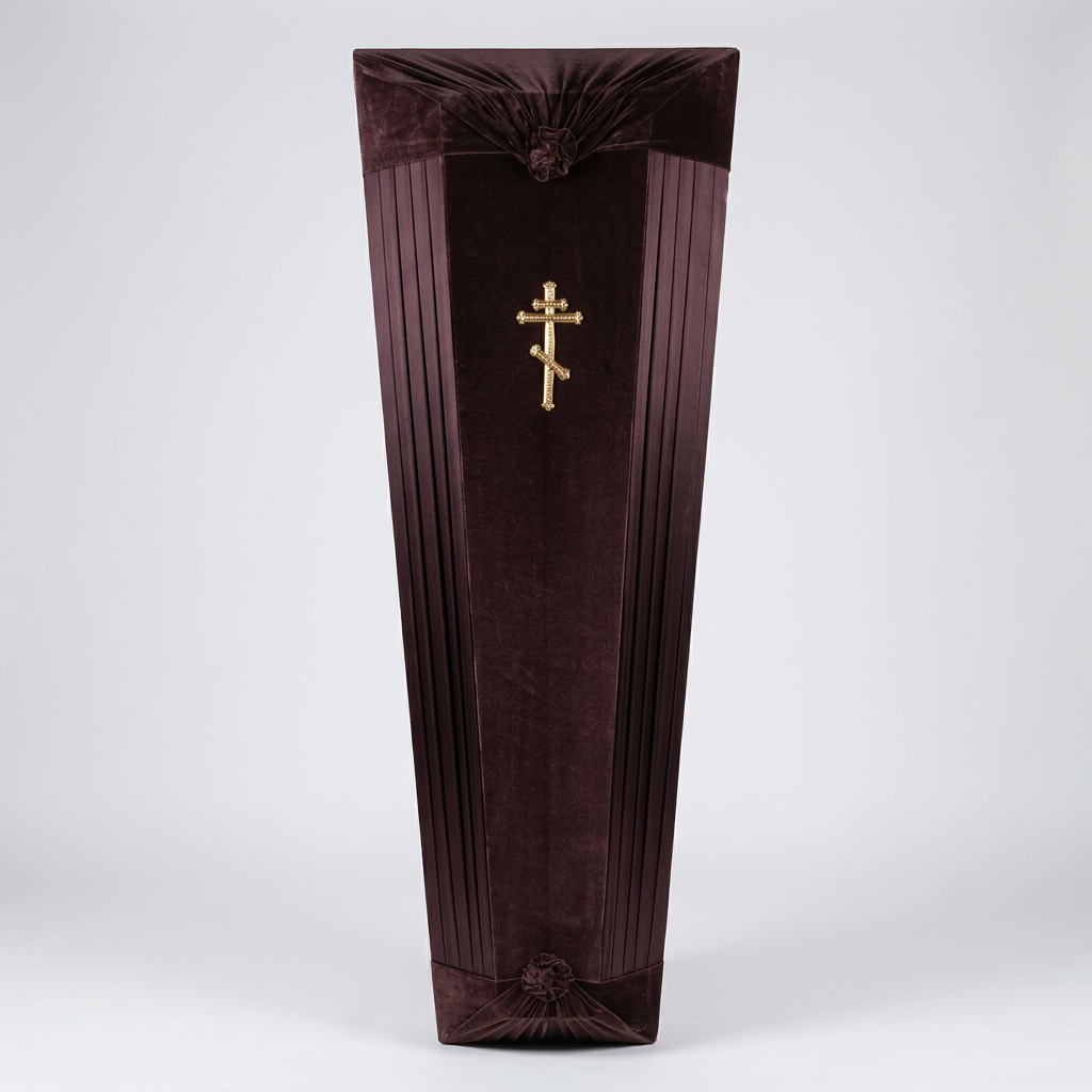 Sicriu funerar vișiniu închis cu cruce aurie — Model sobru clasic